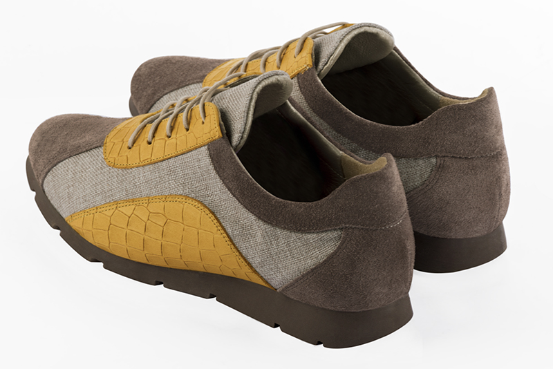 Chocolate brown, natural beige and mustard yellow women's three-tone elegant sneakers. Round toe. Flat rubber soles. Rear view - Florence KOOIJMAN